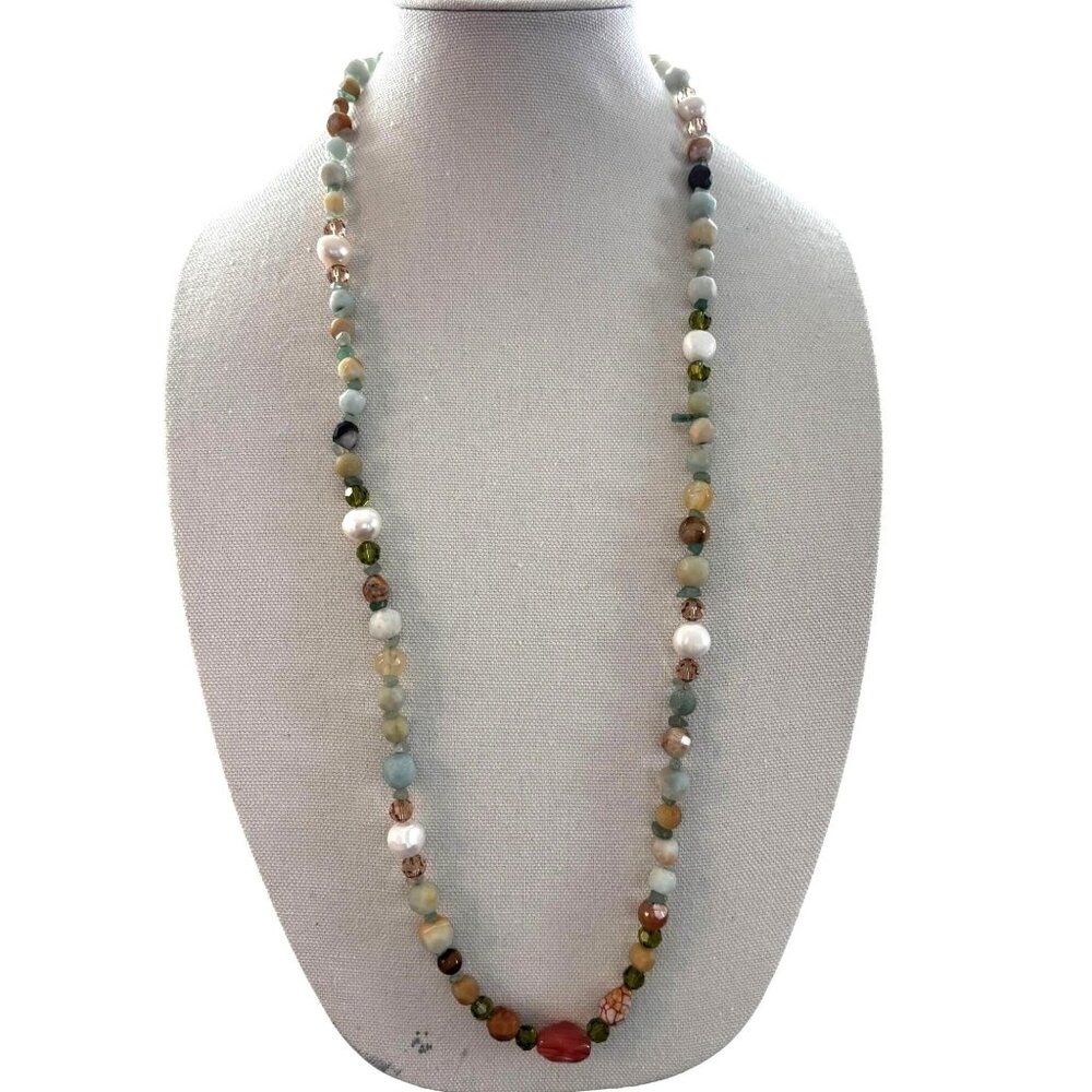 Handmade Gemstone & Freshwater Pearl Beaded Necklace Silver Clasp 36"